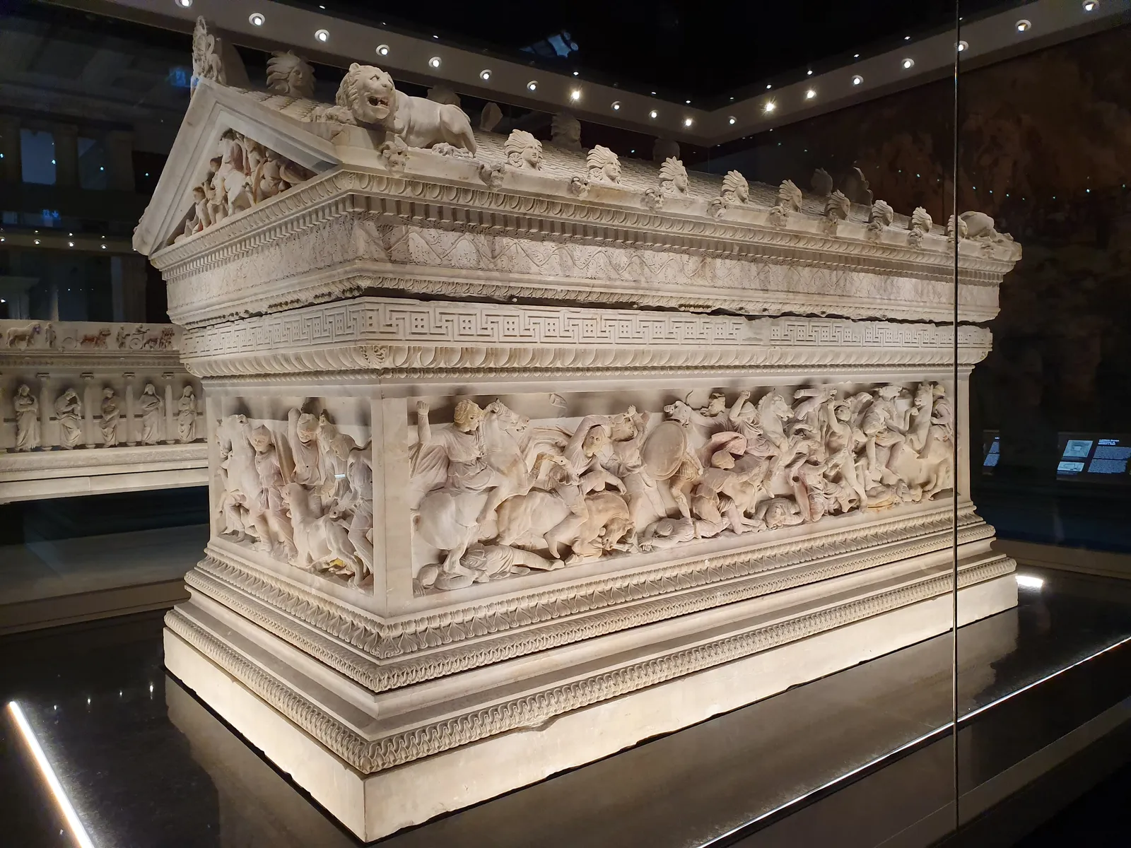 Alexander Sarcophagus displayed behind glass at the Istanbul Archaeological Museums