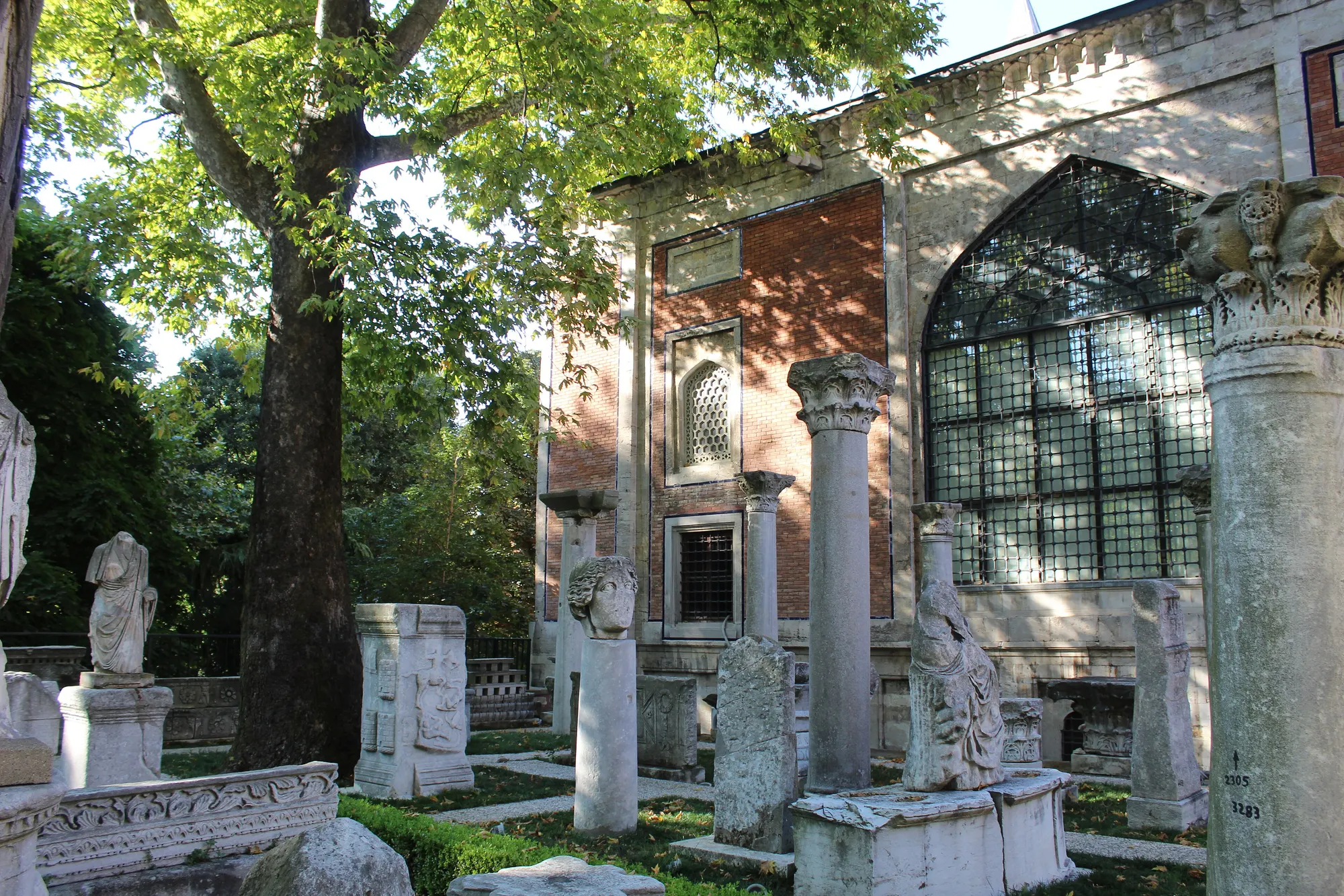 Historic museum facade and archaeological fragments in the courtyard of the Istanbul Archaeological Museums