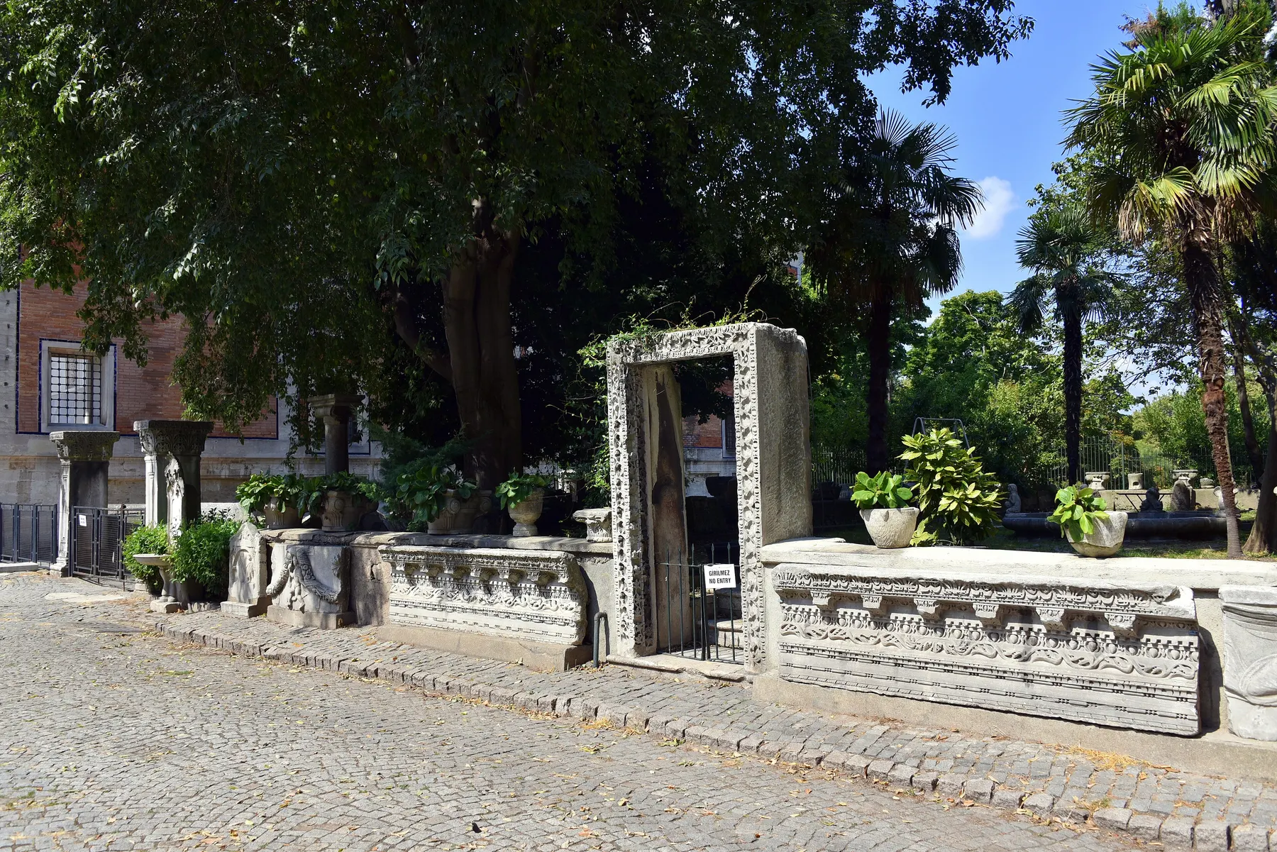 Carved stone architectural fragments displayed in the courtyard of the Istanbul Archaeological Museums