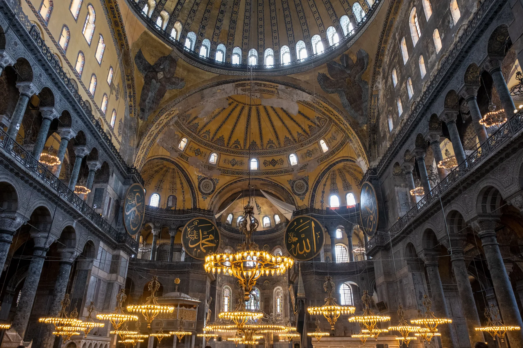 Interior of Hagia Sophia with Ottoman calligraphic roundels beneath the central dome